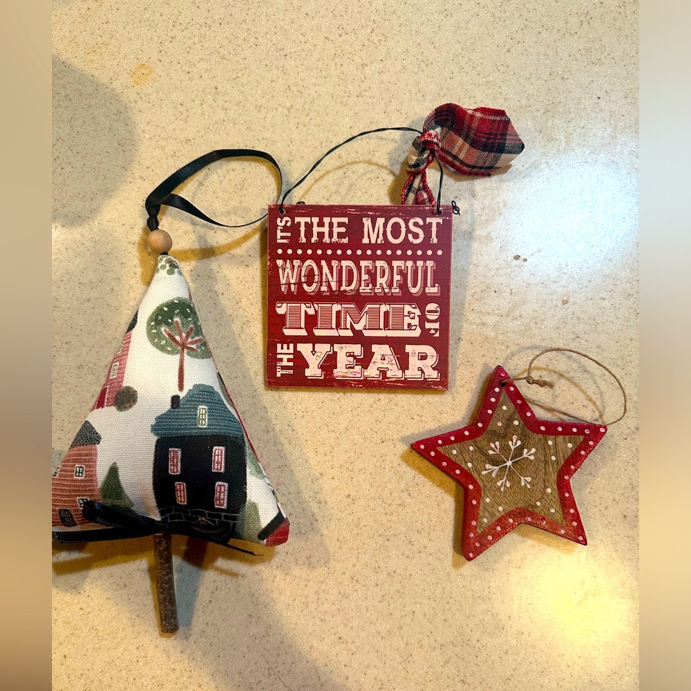Festive Holiday Christmas  Ornament Set - bundle of 3 red green brown white.